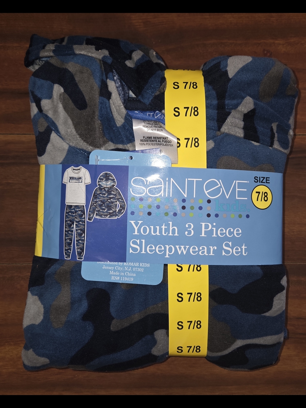 NWT Saint Eve Kid's Blue Camo Fleece Youth 3-Piece Sleepwear Set - Size 7/8